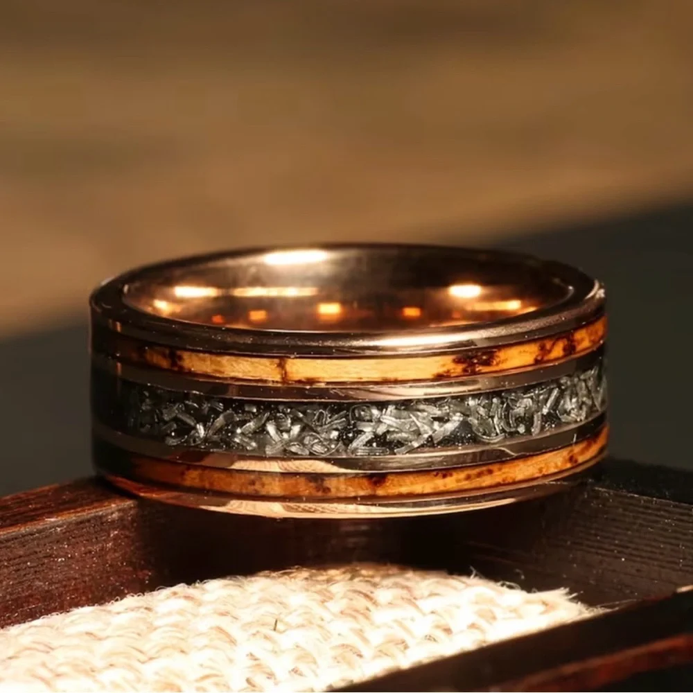 Men's Stainless Steel Wood Inlay Ring with Meteorite Accent Rose Golden Color - Picture 1 of 11